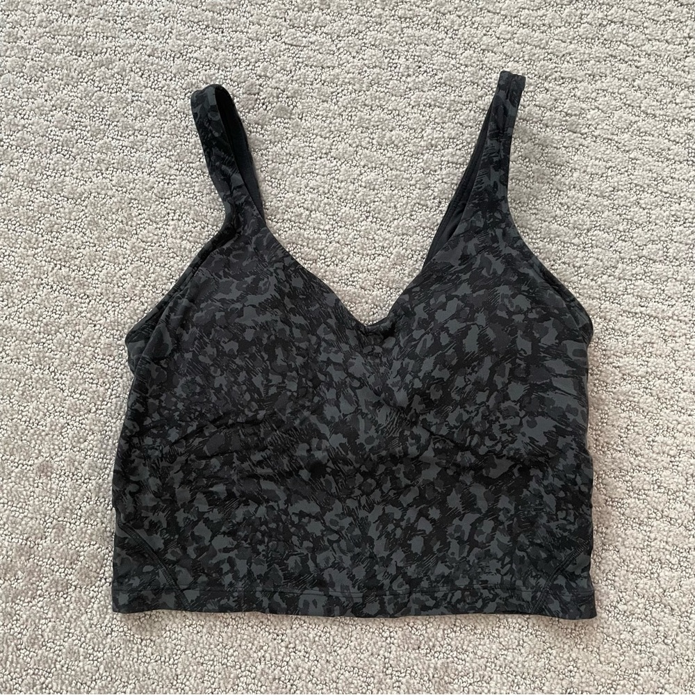 Lululemon Align Size 6 Black Tank Top with gray camo design and built in bra